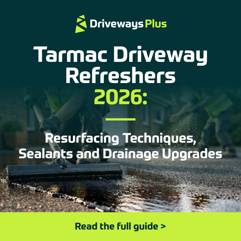 A worker resurfaces a tarmac drive beside water reflections. Text reads: "Driveways Plus. Tarmac Drive Refurbishments 2026: Resurfacing Techniques and Drainage Upgrades. Read the full guide >". | Driveways Plus