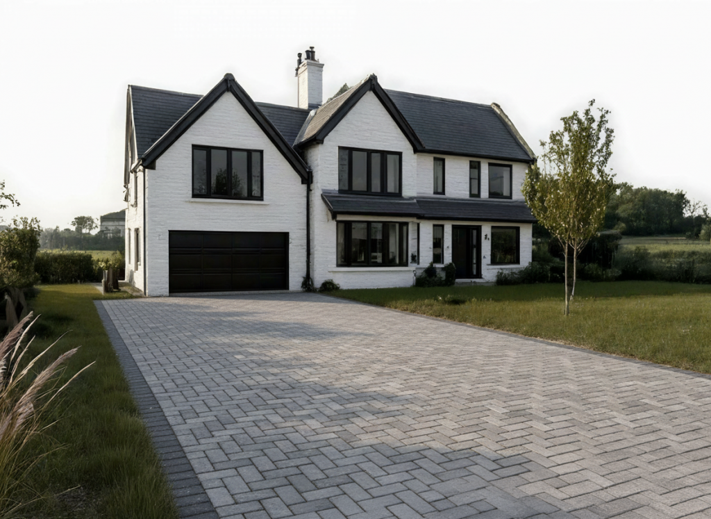 A modern two-storey white house with black trim and a dark garage door, featuring large windows and a paved drive expertly crafted by a local drive company, surrounded by a green lawn and a few trees. | Driveways Plus