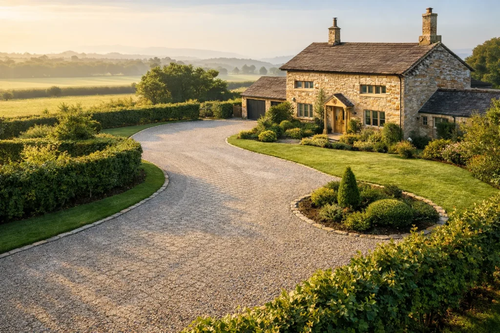 A stone country house with a well-kept garden, surrounded by lush greenery and a curved gravel drive, showcases natural aesthetics in a peaceful rural landscape at sunrise. | Driveways Plus