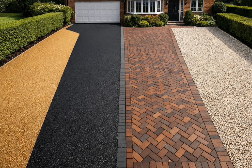 A house with three distinct driveways—yellow gravel, smooth black tarmac, and brown brick paving—showcases versatile UK styles, offering a glimpse at the varied driveway installation costs homeowners may consider in 2026. | Driveways Plus