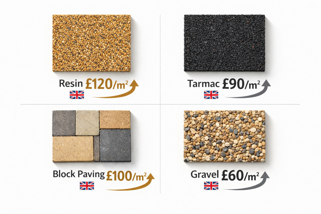 A comparison chart showing four ground surfacing options with prices per square metre—Resin Driveway UK (£120), Tarmac Driveway UK (£90), Block Paving (£100), and Gravel (£60)—plus installation costs. Each is illustrated with a sample image and a UK flag. | Driveways Plus