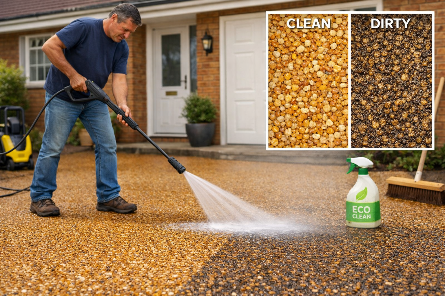 () editorial image showing a homeowner in casual clothing using a professional pressure washer on a resin-bound driveway,