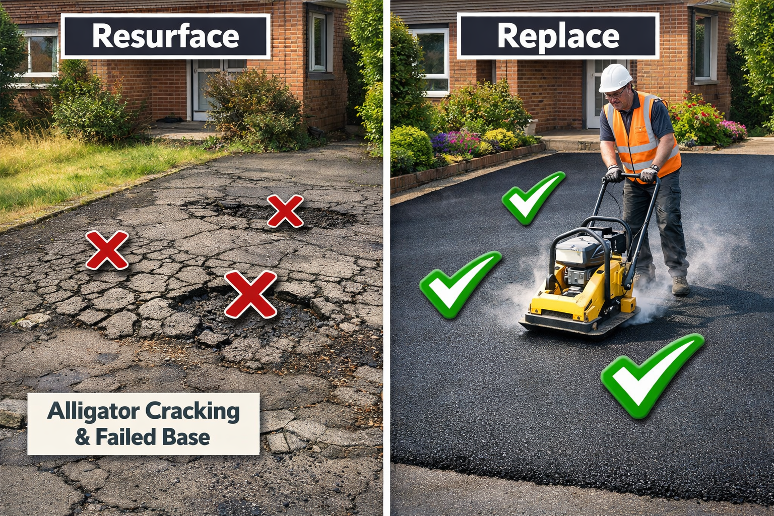 () split-scene infographic illustration showing two driveways side by side: left half shows a cracked, potholed old tarmac