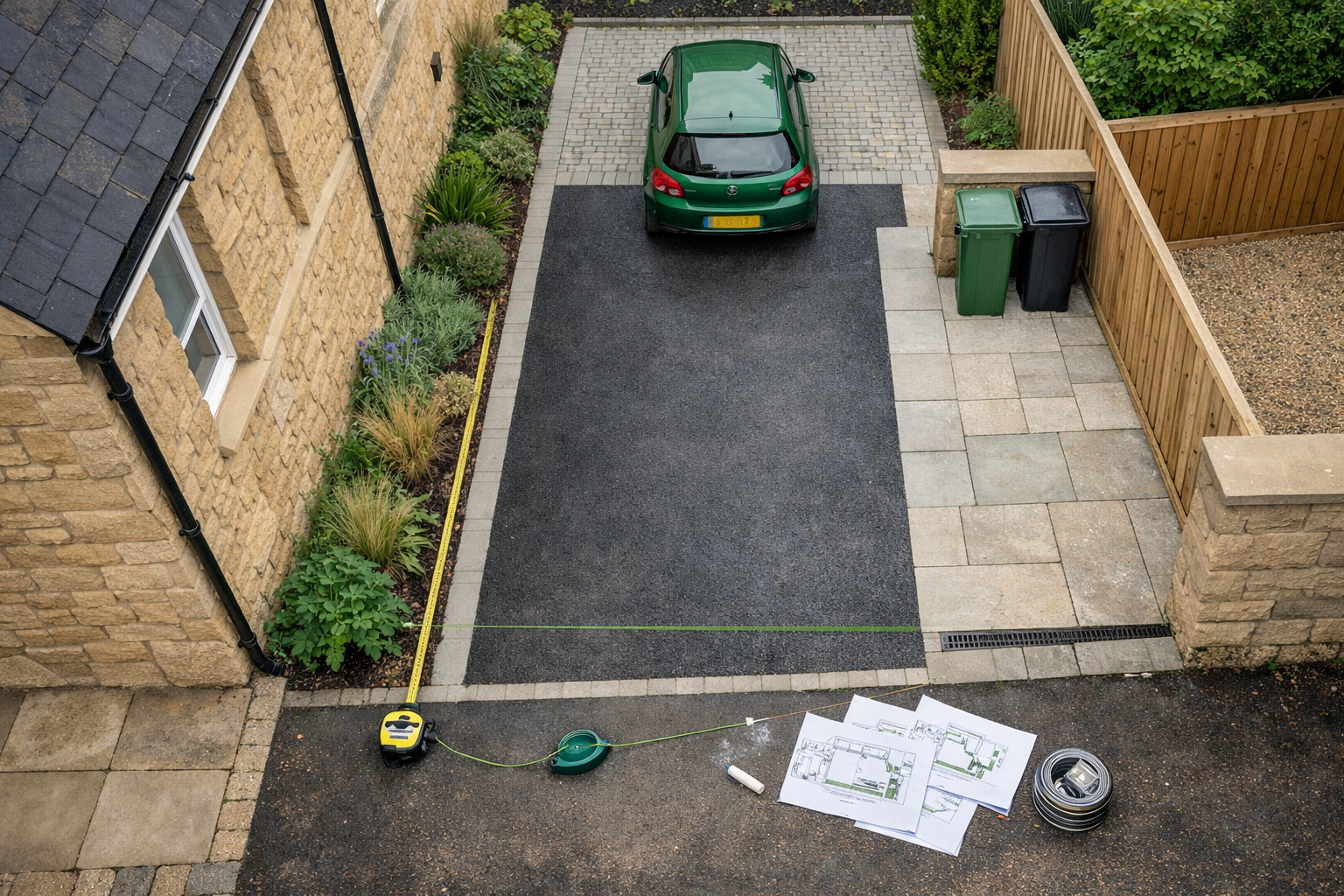 Editorial image showing a top-down architectural view of a narrow residential driveway beside a Bath-style terraced home.