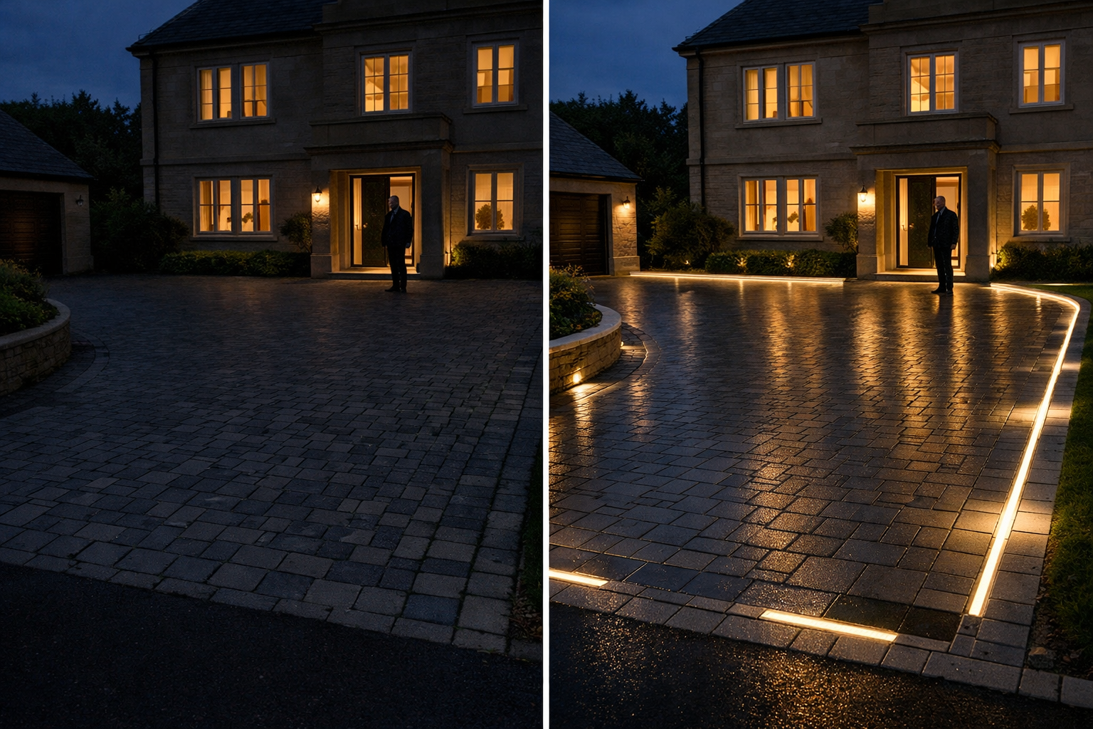 Editorial image showing a side-by-side visual comparison of the same premium driveway before and after LED Lighting for