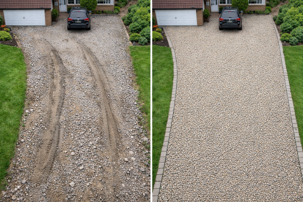 Side-by-side comparison of a driveway before and after resurfacing; the left shows a rutted, uneven gravel drive, while the right features a smooth stone finish that blends hidden grids for stability with natural aesthetics. | Driveways Plus
