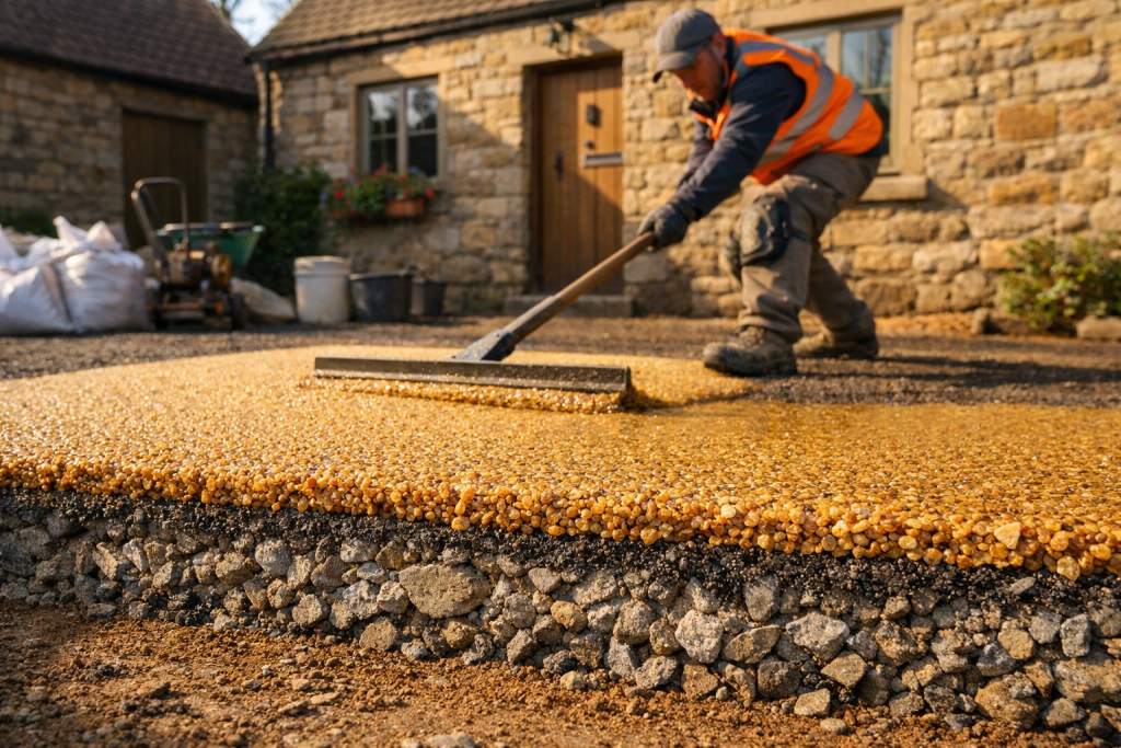 A worker in a safety vest smooths a layer of golden resin driveway on a UK property, using a long tool, with construction materials nearby—highlighting professional driveway installation costs. | Driveways Plus