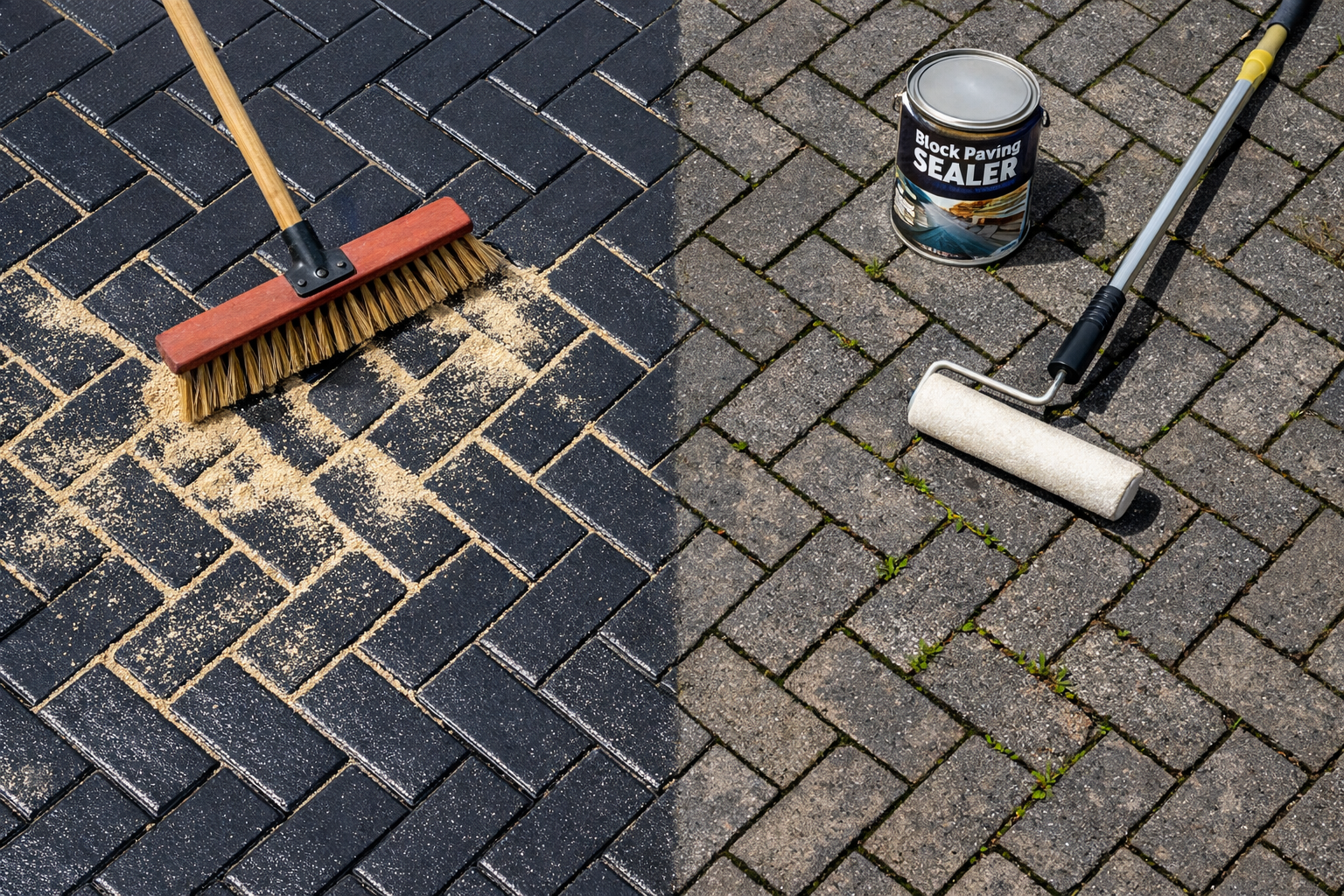 () overhead bird's-eye view of a charcoal herringbone block paving driveway being re-sanded, showing kiln-dried jointing