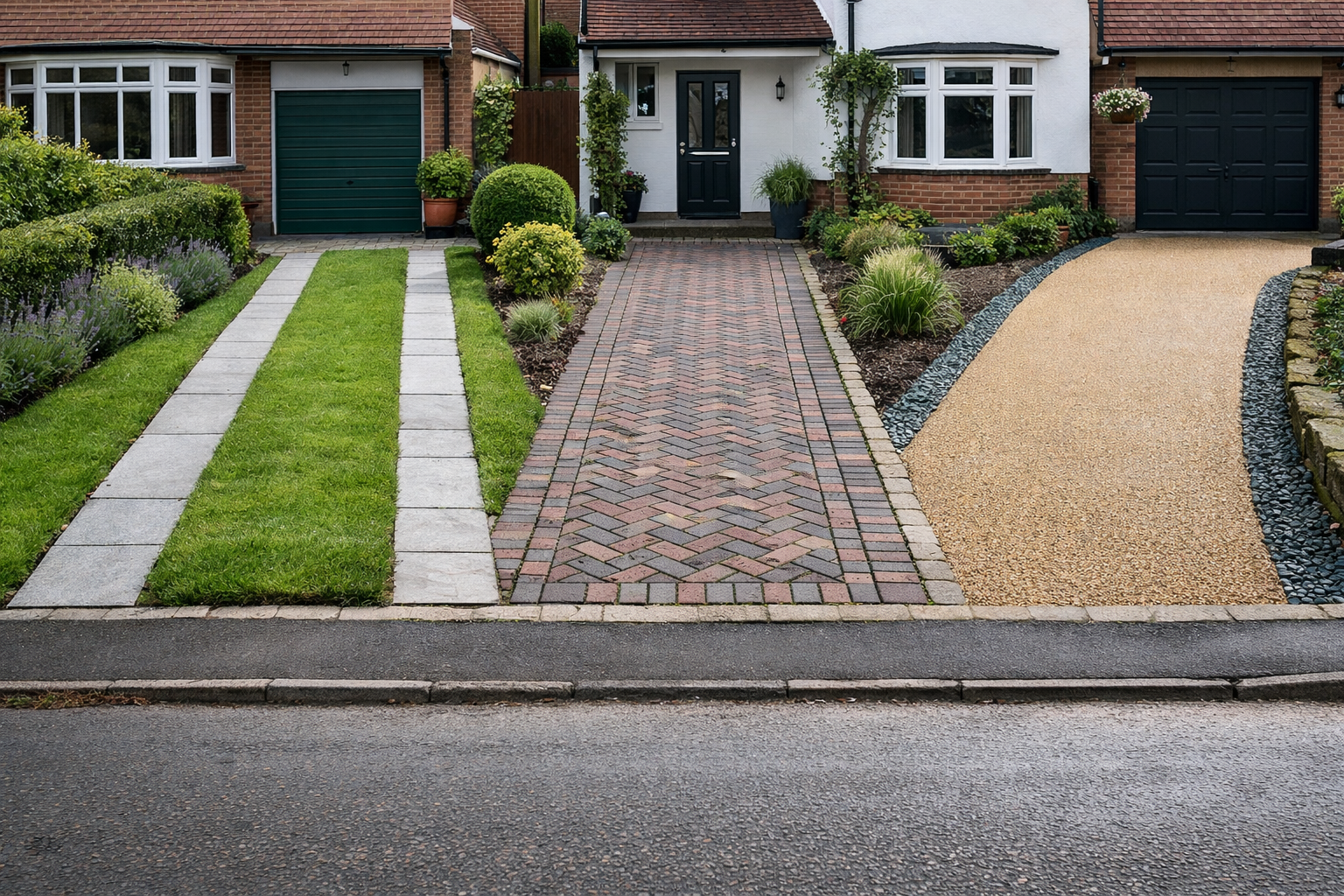 Editorial image showing three distinct compact driveway layout ideas in one realistic split-scene property frontage without