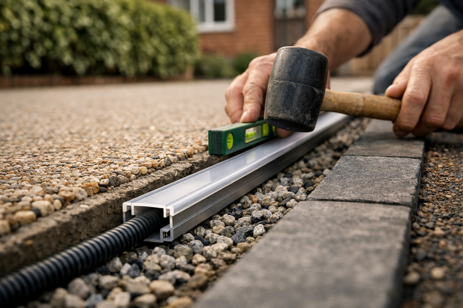 Close-up construction scene of embedded LED Lighting for Driveways being installed into a prepared channel beside a