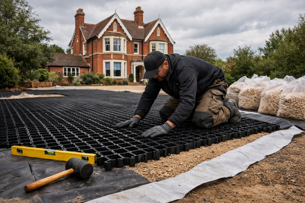 A man in work clothes kneels on a drive, installing hidden grids for gravel drives. A large house is in the background, and bags of gravel are nearby. Tools including a rubber mallet and spirit level lie beside him, enhancing natural aesthetics. | Driveways Plus