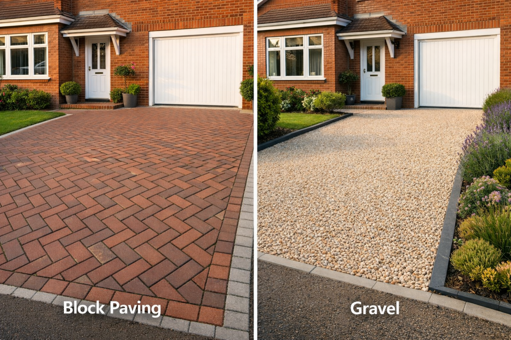 Split image showing two driveways in front of a brick house: the left side features a red block paving driveway, and the right side shows a light-coloured gravel driveway. Both lead to white garage doors, highlighting different driveway materials. Text labels each type. | Driveways Plus