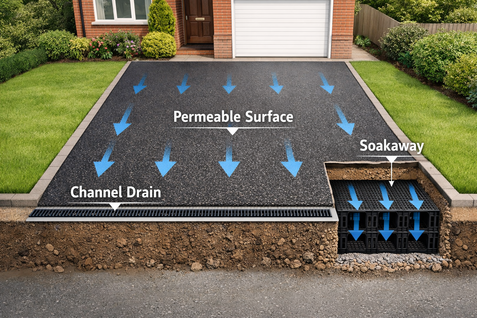 () overhead aerial-style illustration of a UK residential driveway showing SUDS drainage upgrade features: a linear ACO