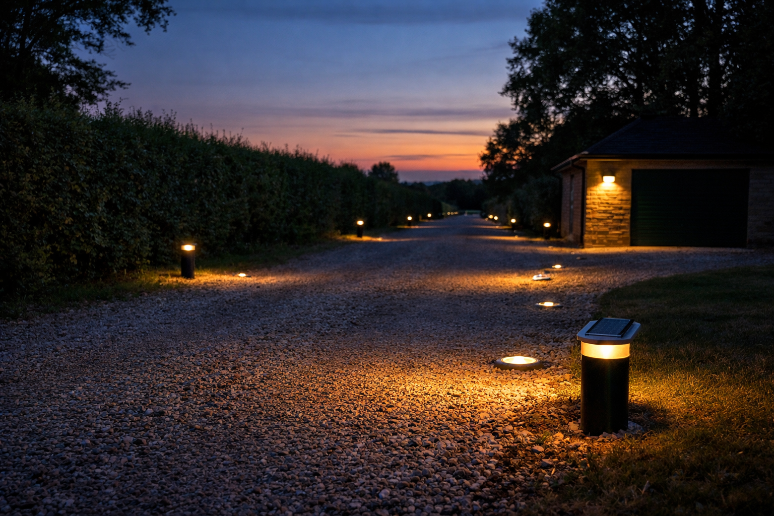 Evening image of solar driveway fixtures on a long rural UK driveway, showing compact solar bollards and low-profile marker