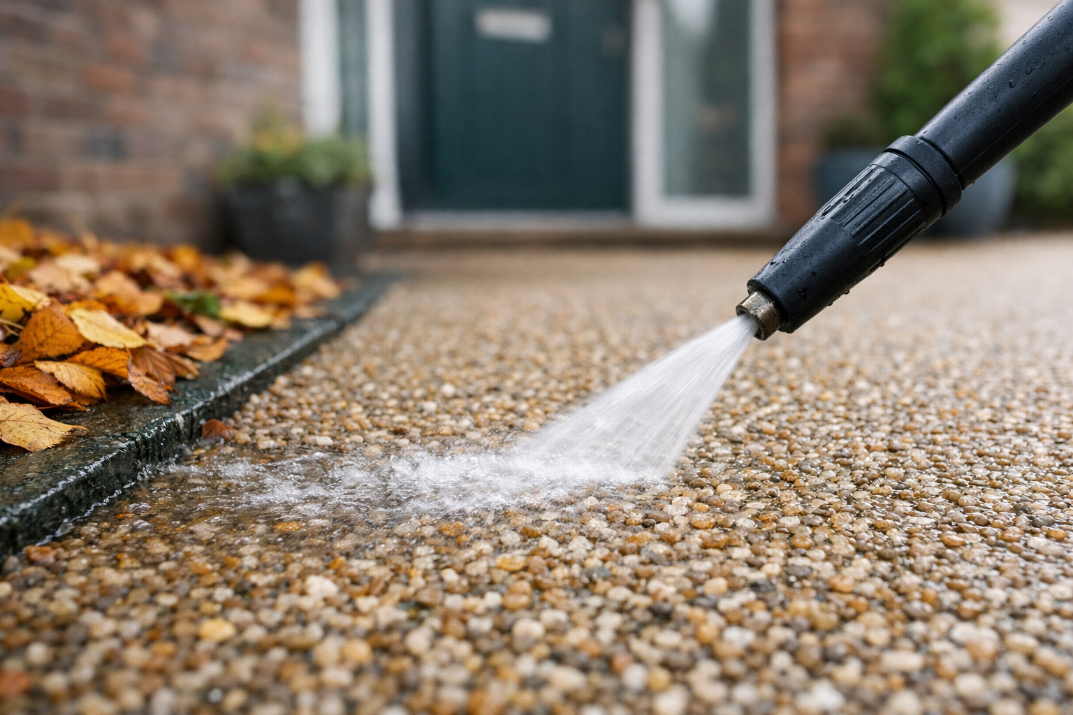 () close-up macro and mid-ground composition of a low-maintenance permeable Resin-Bound Driveway being cleaned with a gentle