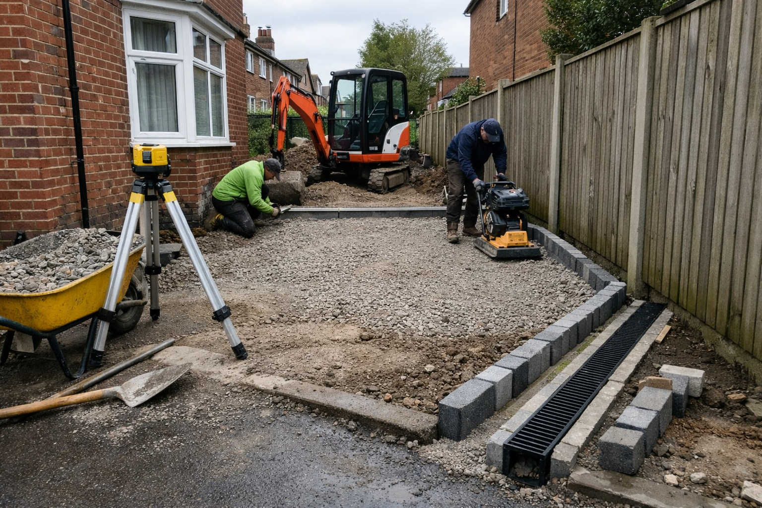 Editorial image showing a narrow driveway installation in progress on a compact UK property. Workers are setting sub-base