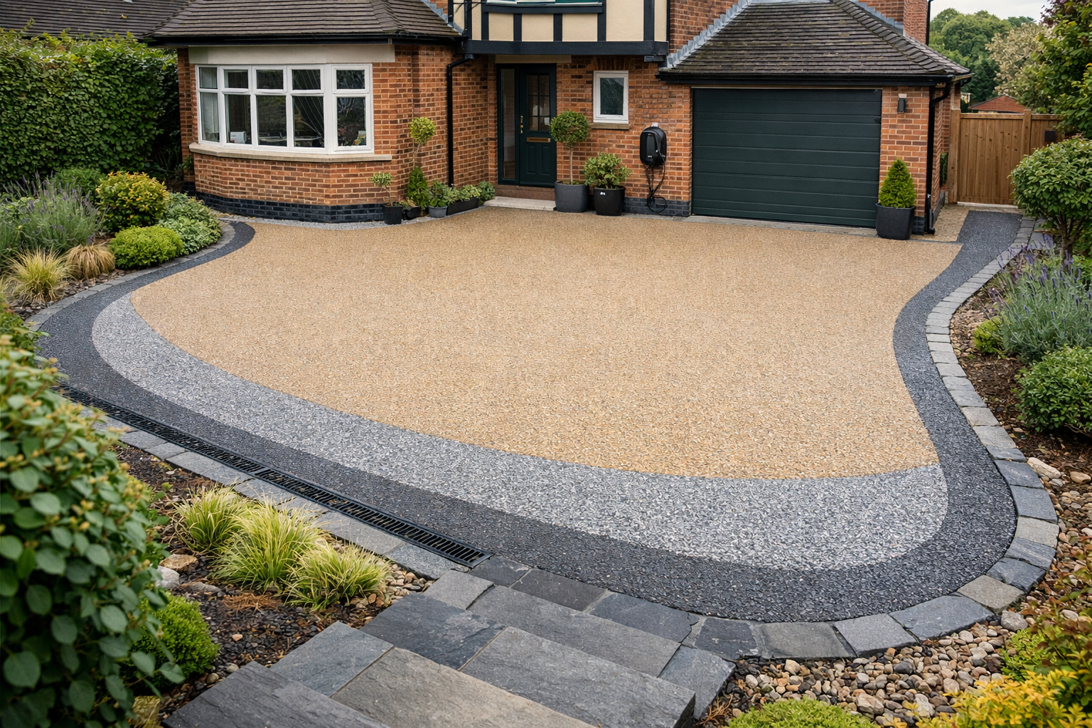 () premium property exterior showing a finished permeable Resin-Bound Driveway with curved borders, contrasting aggregate