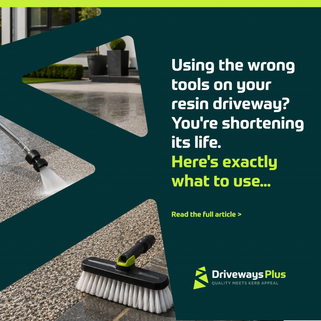 Promotional graphic for Driveways Plus showing safe cleaning tools for resin and Electric Vehicle Driveways: a pressure washer and a soft-bristle broom, with text warning against using the wrong tools and inviting readers to learn more. | Driveways Plus