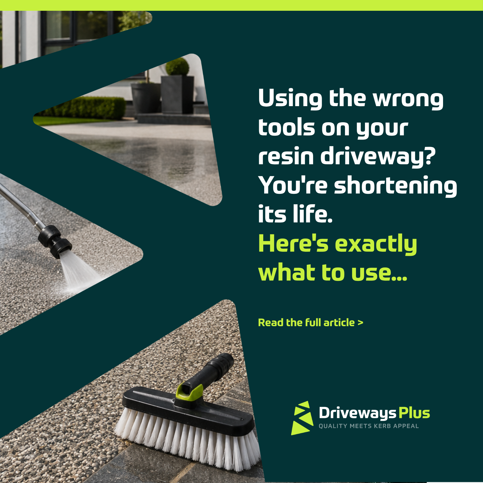 Promotional graphic for Driveways Plus showing safe cleaning tools for resin and Electric Vehicle Driveways: a pressure washer and a soft-bristle broom, with text warning against using the wrong tools and inviting readers to learn more. | Driveways Plus