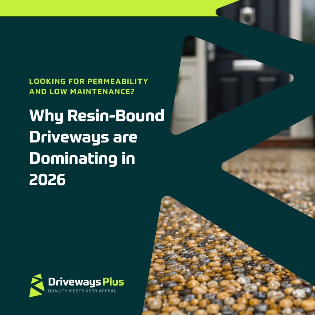 Promotional graphic for Driveways Plus highlighting the low-maintenance and permeability of resin-bound driveways dominating in 2026, with a close-up of a resin-bound gravel driveway and a modern house entrance. | Driveways Plus