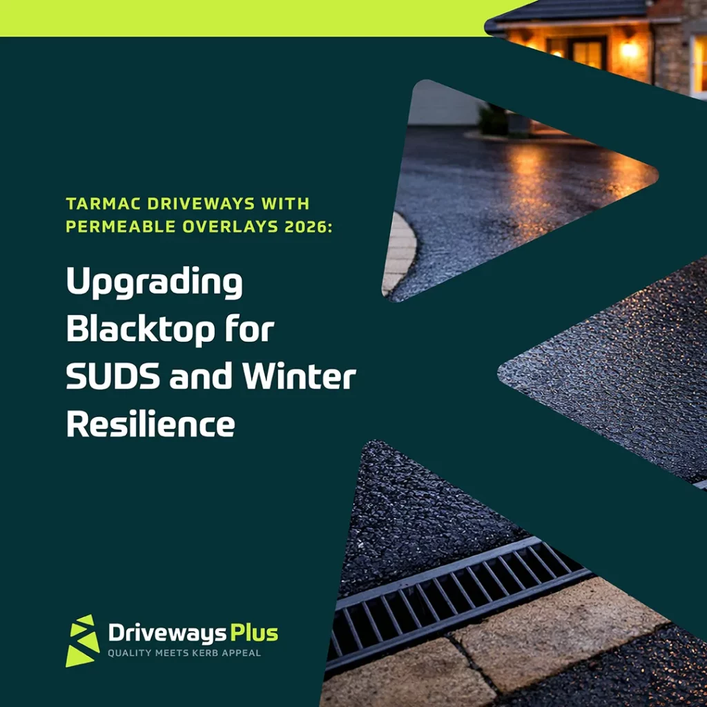 A promotional graphic for Driveways Plus shows a wet tarmac driveway with a drainage grate at night, highlighting tarmac driveways and SUDS-compliant permeable overlays designed for winter resilience in 2026. | Driveways Plus
