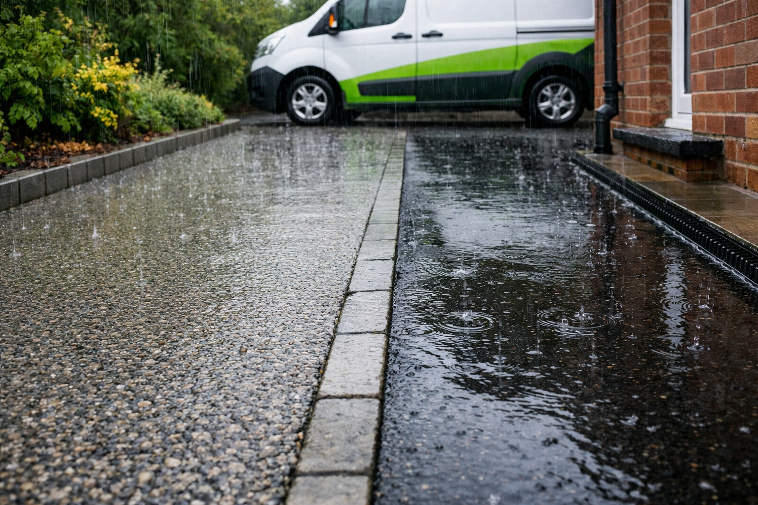 () editorial image of a UK front driveway during heavy rain, showing Tarmac Driveways with Permeable Overlays beside a