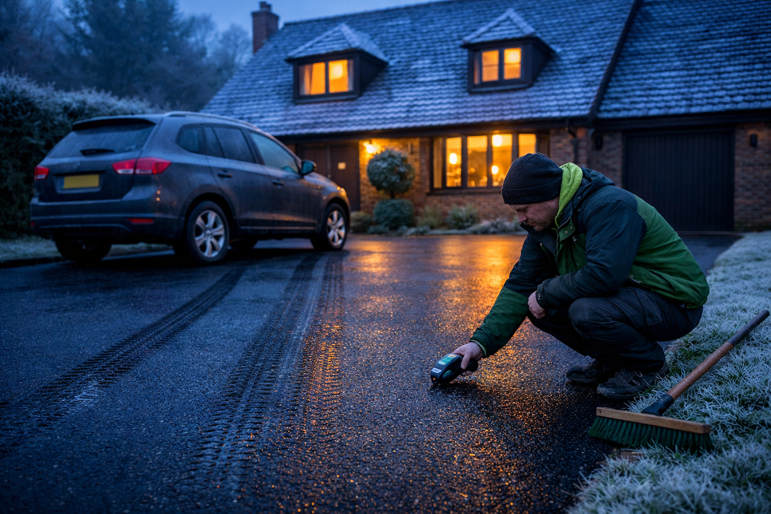 () editorial winter scene of Tarmac Driveways with Permeable Overlays outside a high-value home, early morning frost on