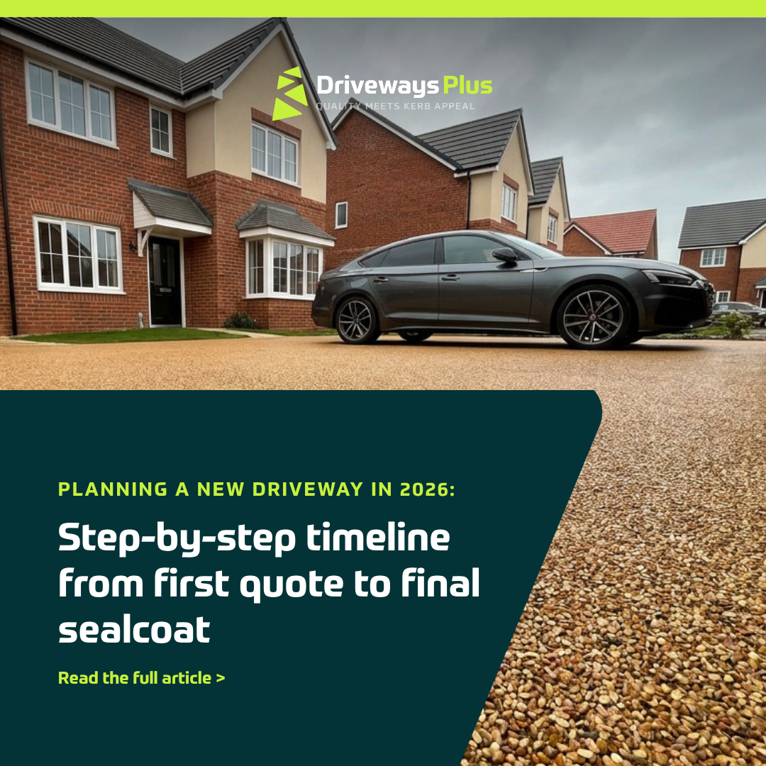 A modern house with a gravel drive, a grey car parked in front, and neat lawns. Text overlay promotes a step-by-step drive timeline for planning your new drive, from the first quotation to the final driveway sealant. | Driveways Plus