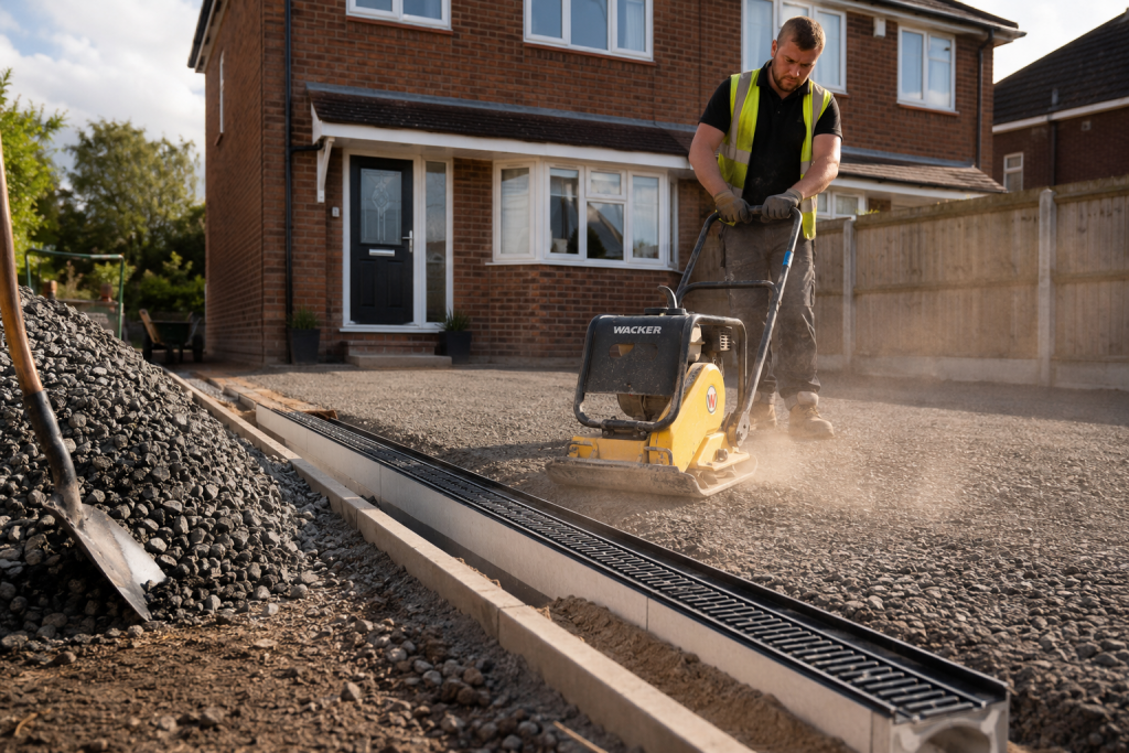 A construction worker uses a yellow plate compactor to flatten gravel in front of a house under construction, carefully focussing on driveway sub-base preparation. A pile of stones and a spade are visible nearby, with partially installed drainage layers and MOT Type 1 material in the foreground. | Driveways Plus