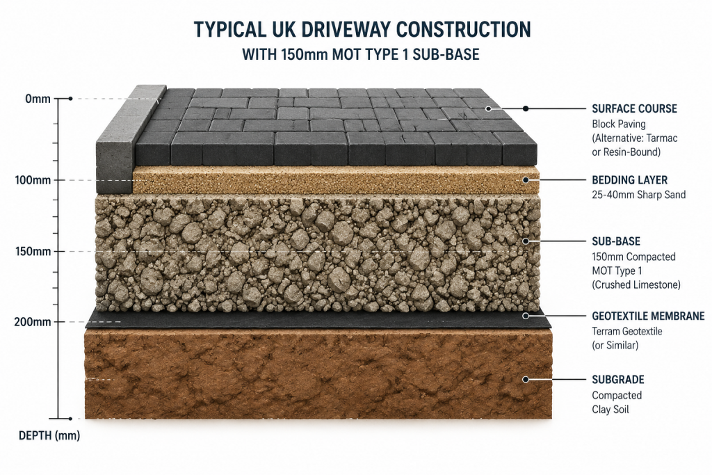 Cross-section diagram showing layers in a typical UK driveway, highlighting Driveway sub-base preparation: block paving, bedding layer, compacted MOT Type 1 sub-base with drainage layers, geotextile membrane, and clay soil—each labelled with thickness and material details. | Driveways Plus