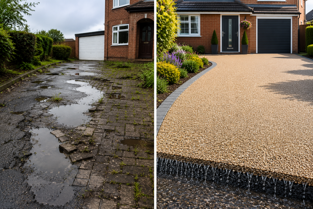 Split image: Left shows an old, cracked drive with puddles. Right shows a newly renovated, smooth, gravel-textured drive with clean edges and neat landscaping, highlighting proper drive sub-base preparation and effective drainage layers for long-lasting durability. | Driveways Plus