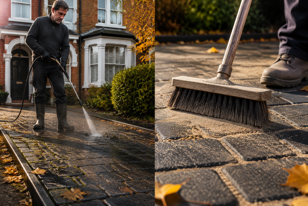 A man jet washes a block paving driveway in front of a house; beside him, a close-up shows boots and a broom sweeping sand between the driveway bricks, highlighting the careful attention to detail that maintains both clean surfaces and heritage aesthetics. | Driveways Plus