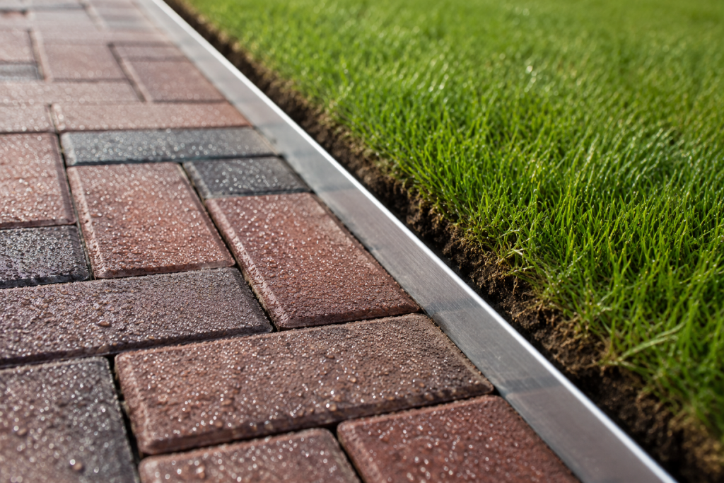 Close-up of wet red and grey paving stones bordered by sleek steel edging next to green grass. The surface glistens with water droplets, highlighting the contrast between the block paving drive and the lush lawn. | Driveways Plus