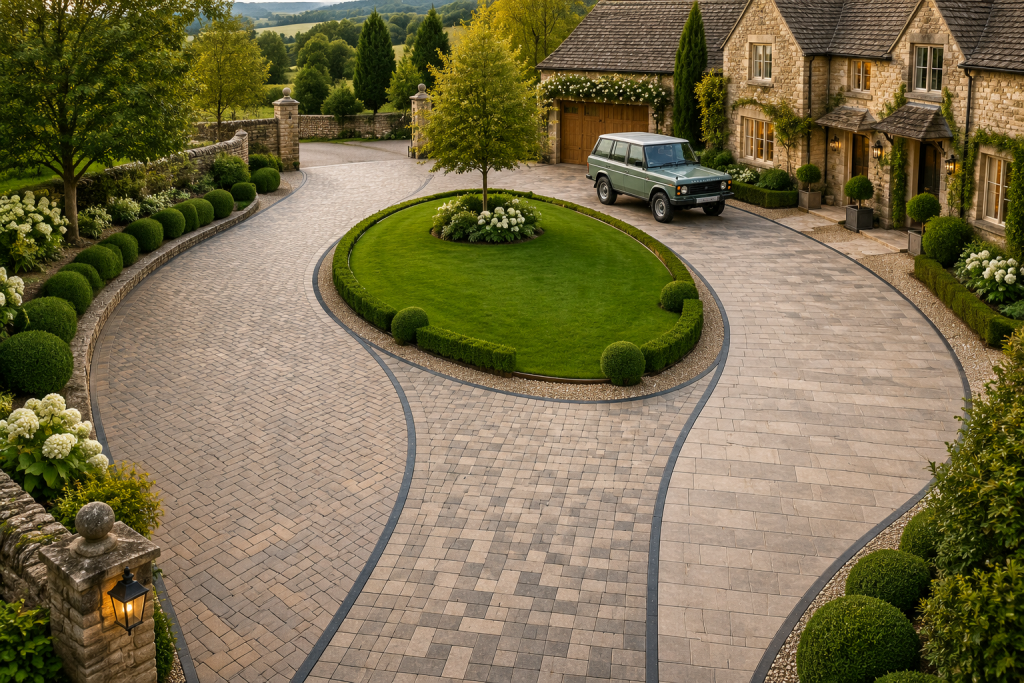 A stone driveway with block paving curves around a landscaped green lawn with trimmed bushes and trees, enhanced by steel edging that highlights the tidy borders. Leading to a stone house and a parked 4x4, the scene exudes heritage aesthetics—lush, orderly, and beautifully maintained. | Driveways Plus
