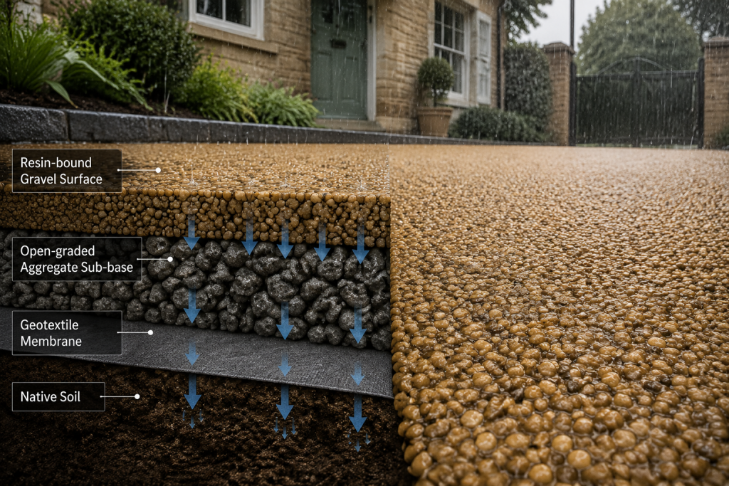 Cross-section of a resin-bound gravel driveway in rain, showing labelled layers: resin-bound gravel surface, open-graded aggregate sub-base, geotextile membrane, and native soil, with arrows indicating water flow. This eco-friendly driveway solution utilises sustainable materials that support habitat-friendly front-garden design. | Driveways Plus