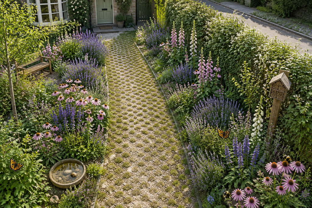 A lush cottage garden with a stone path crafted from sustainable materials, blooming purple and pink flowers, green shrubs, a birdbath, a wooden bench, and a decorative bird box on a post near the house entrance creates a beautiful, habitat-friendly front garden. | Driveways Plus