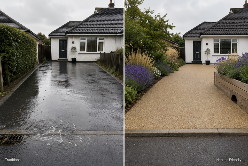 Split image: left shows a black, tarmacked drive with puddles; right features an Eco-Friendly Drive made from sustainable materials, bordered by lush plants and flowers. Both lead to a white house with a dark door under a grey, cloudy sky. | Driveways Plus