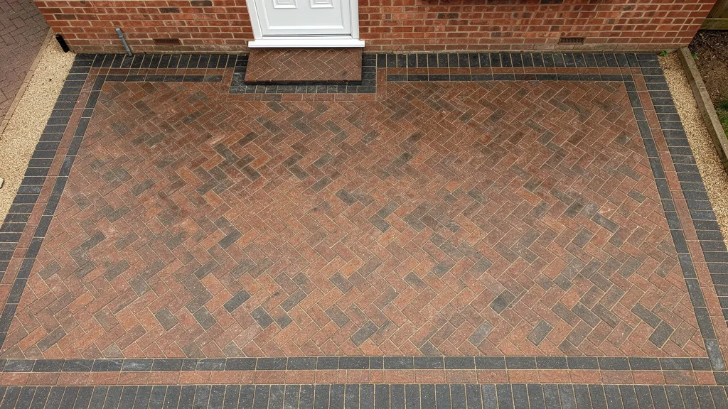 Brindle block paving driveway laid in a 45 degree herringbone pattern with a double charcoal soldier course border, seen from above. | Driveways Plus