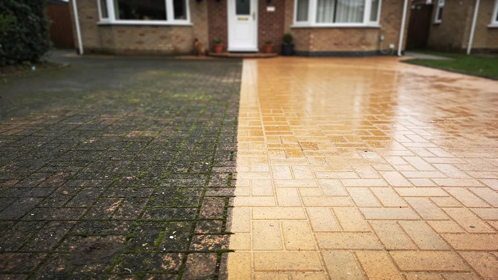Block paving driveway mid clean, one half dark with moss and the other freshly washed with crisp joints