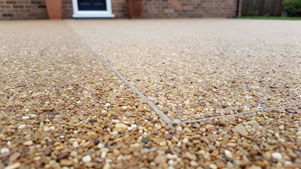 Close view of a buff resin bound driveway where a patched repair section blends into the surrounding aggregate