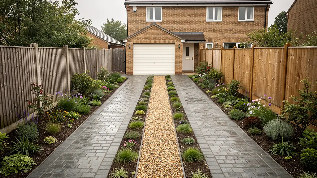 Ribbon driveway of two block paved strips with a planted gravel centre running to a garage on a narrow plot