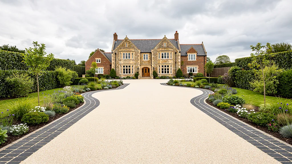 Driveway combining a resin bound centre with a contrasting charcoal block paved border and planted edges
