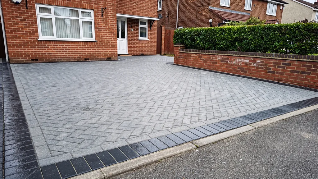 Grey block paving driveway in a 90 degree herringbone pattern with a charcoal soldier course border, in front of a red-brick British house. | Driveways Plus