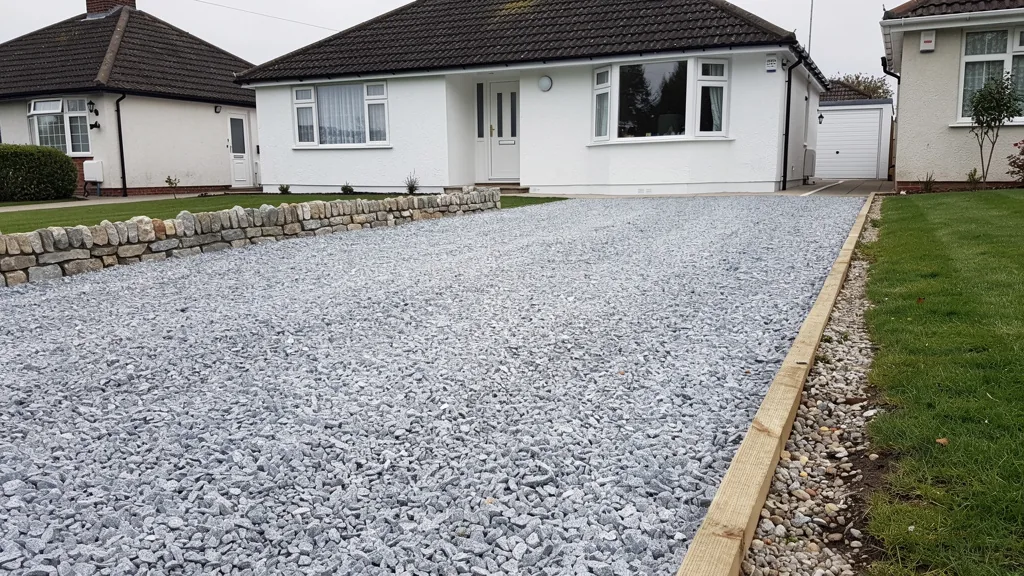 A driveway surfaced in silver-grey granite chippings, edged with natural stone on one side and a timber board against the lawn on the other. | Driveways Plus