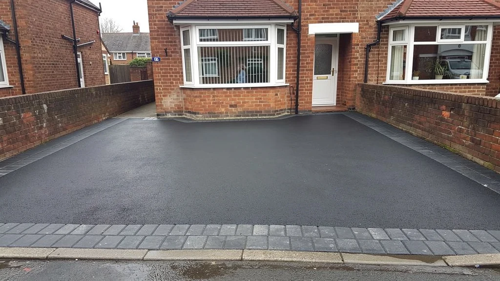 A newly laid black tarmac driveway with a charcoal block paving edge course, in front of a 1930s British red-brick semi-detached house. | Driveways Plus
