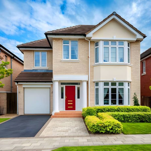 A modern two-storey house with tan brick and cream accents, a red front door, large white-framed windows, a single-car garage, manicured lawn, shrubs, and trees under a partly cloudy sky with stylish block paving on the entrace. | Driveways Plus