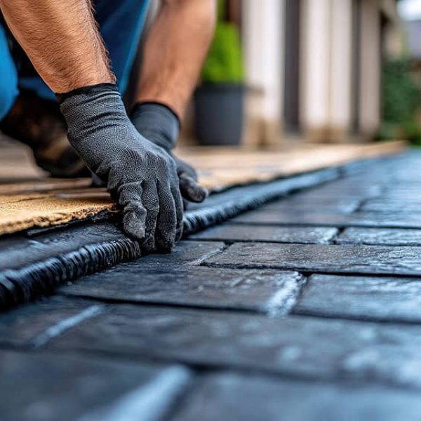 A person wearing gloves fits rubber edging between a block paving path and a garden bed, working outdoors near a house in Bristol. | Driveways Plus