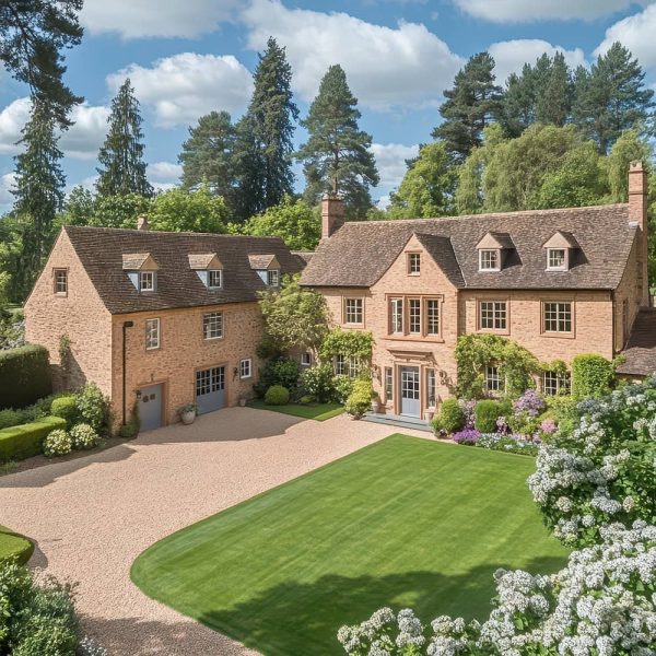 A large, elegant brick house with a manicured lawn, neatly trimmed bushes, and a concrete drive, surrounded by tall trees and lush greenery under a partly cloudy sky. | Driveways Plus