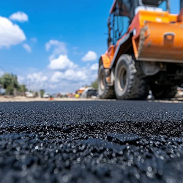 Close-up of freshly laid asphalt on a road, with a blurred orange road roller and worker in the background under a bright blue sky—perfect inspiration for block paving or upgrading your drive. | Driveways Plus
